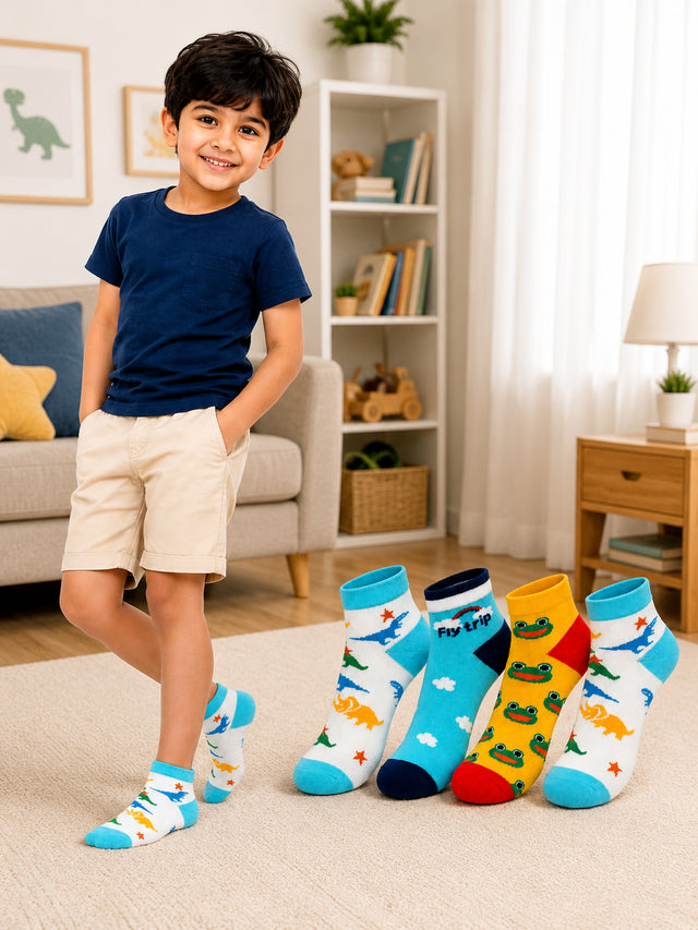 Boys Ankle Length Cotton Socks with Antibacterial Finish, Moisture Wicking Comfort and Sports Casual Use - Pack of 4