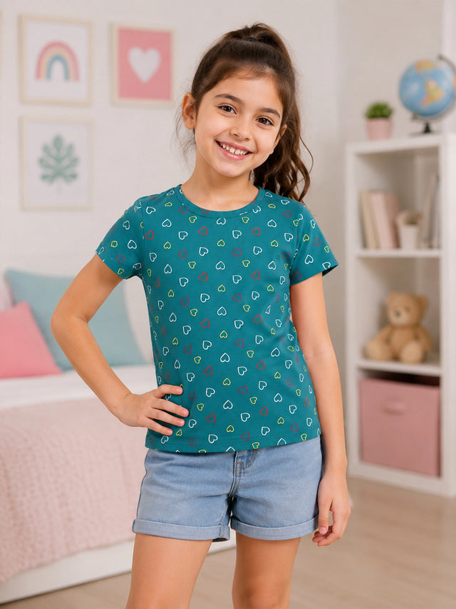 Girls Cotton Printed T-Shirt Round Neck Half Sleeves Casual Wear Top for School, Play and Everyday Outfits