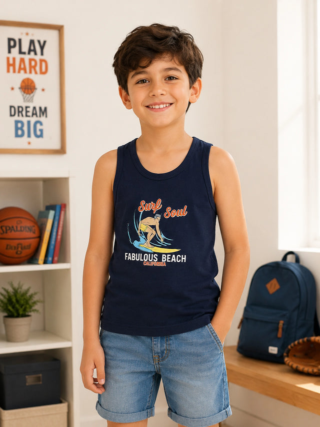 Boys Cotton Printed Round Neck Sleeveless Innerwear Vest with Regular Fit for Everyday Comfort - Pack of 3