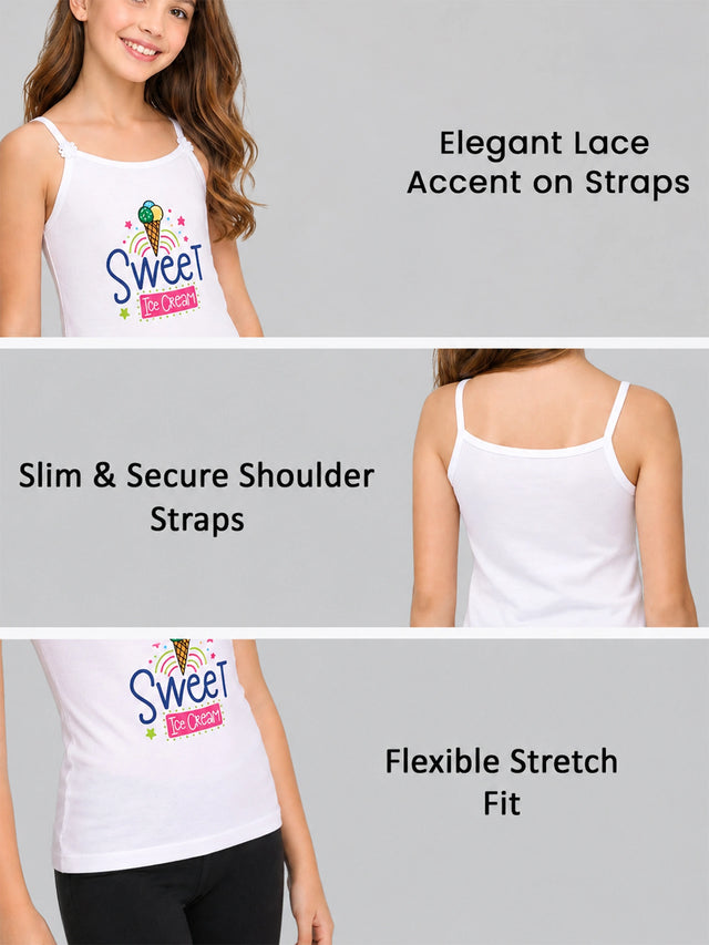Girls 100% Cotton Printed Camisole Sleeveless Innerwear Vest for Everyday Comfort and Regular Use - Pack of 4