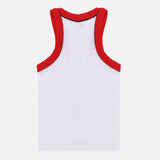 Kids white sleeveless vest with red trim, soft cotton innerwear, back view