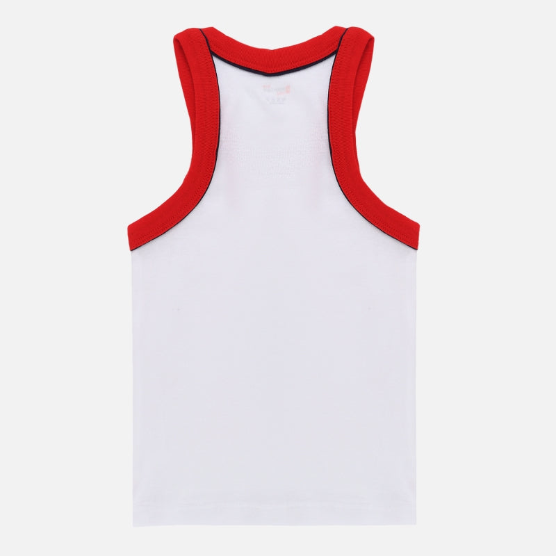 Kids white sleeveless vest with red trim, soft cotton innerwear, back view