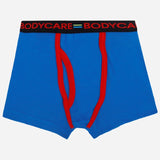 Blue kids boxer briefs with red trim and black waistband featuring bold text