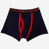 Navy blue boys’ boxer briefs with red trim and logo waistband, kids innerwear