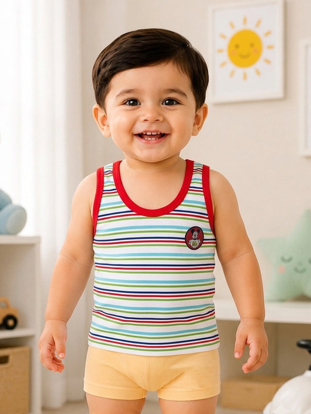 Baby Boys Mickey & Friends Innerwear Vest Cotton Regular Fit Round Neck Sleeveless for Everyday Comfort - Pack of 4