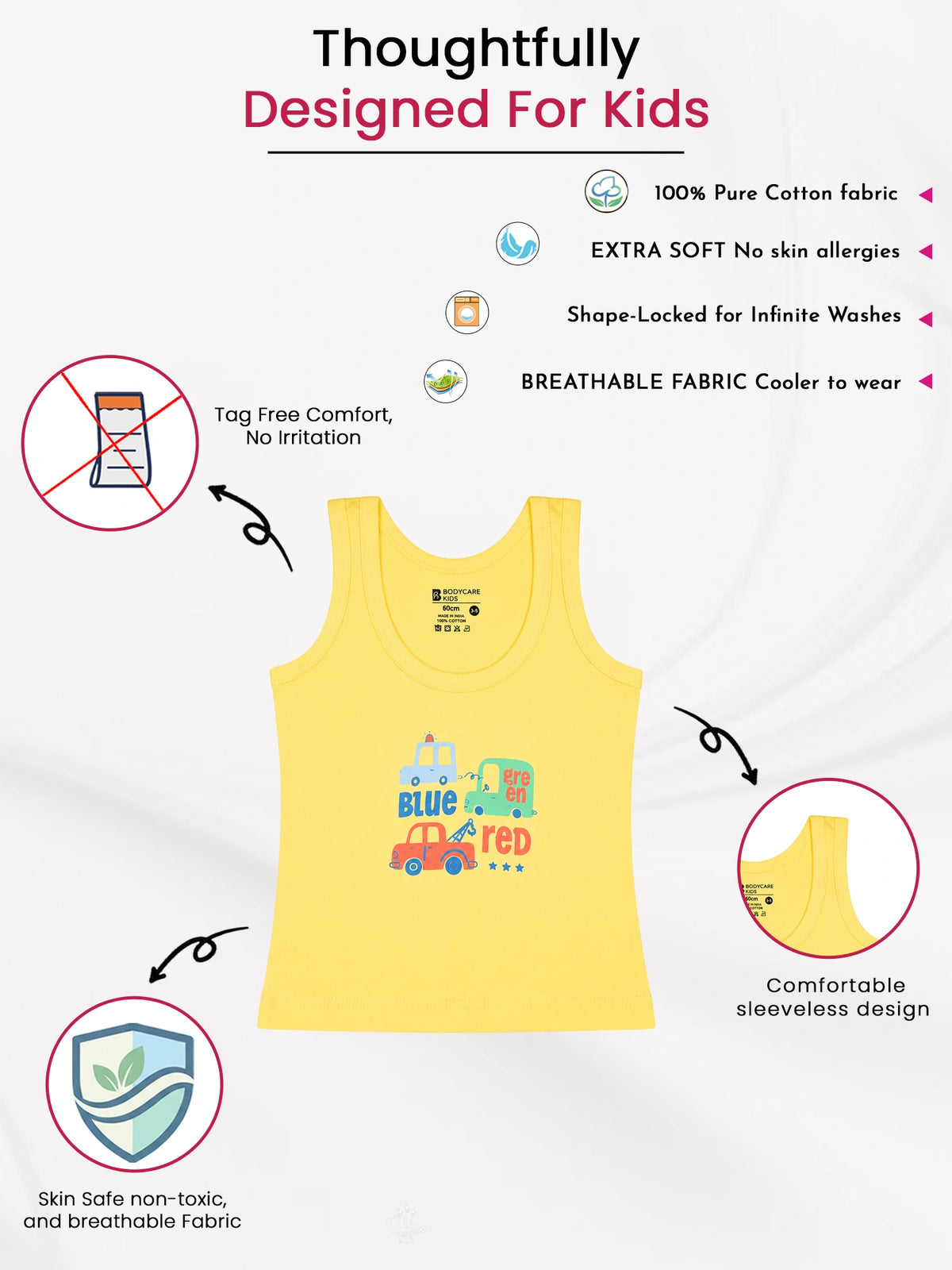 Unisex Baby 100% Cotton Round Neck Sleeveless Innerwear Vest for Easy Dressing and Everyday Comfort - Pack of 3