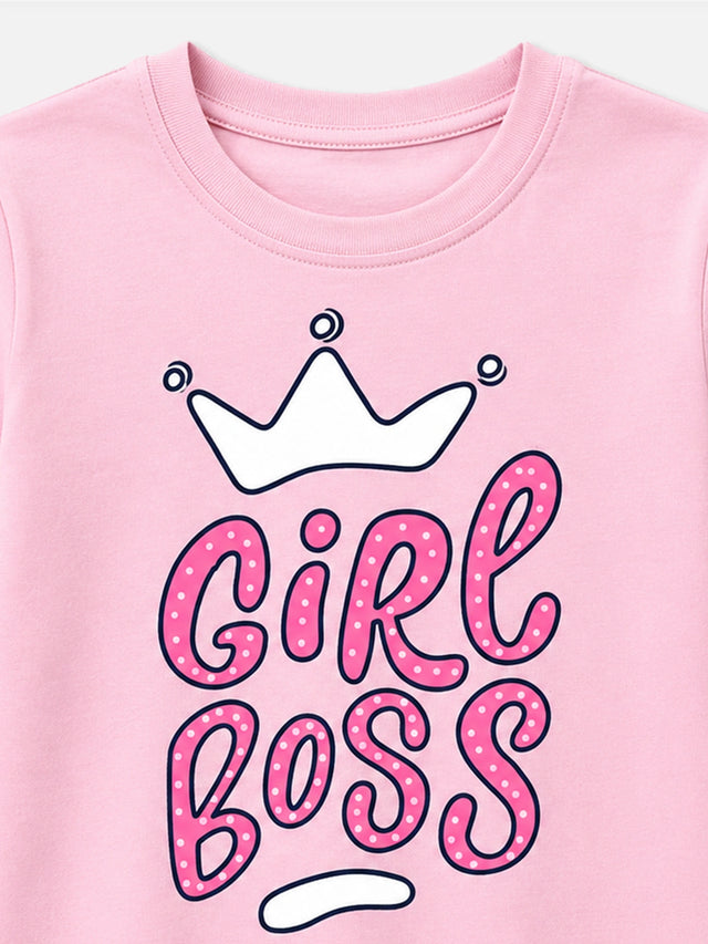 Girls Cotton Typographic Printed T-Shirt Round Neck Half Sleeves Casual Wear Top for School, Play and Weekend Outfits