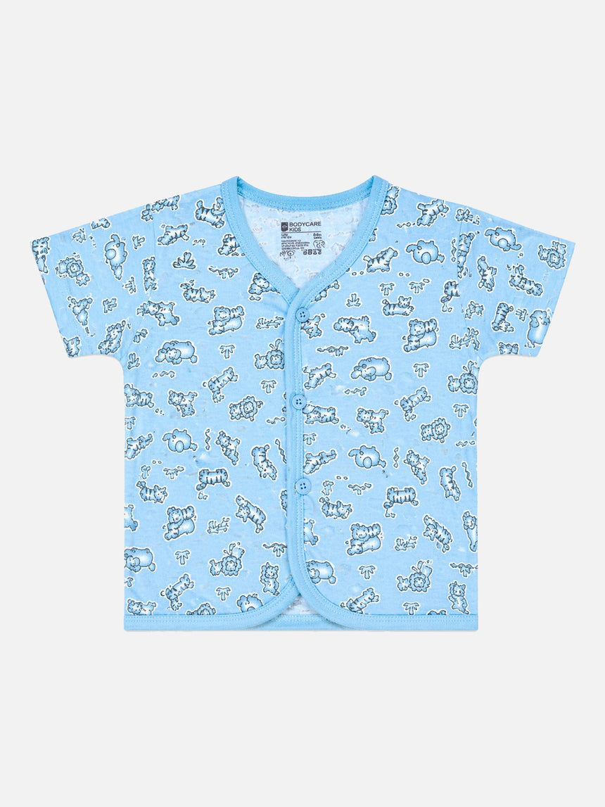 Baby 100% Cotton Front Open Half Sleeves Short Suit Self Design