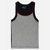 Kids grey sleeveless innerwear vest with black border and red stitching, soft cotton tank top