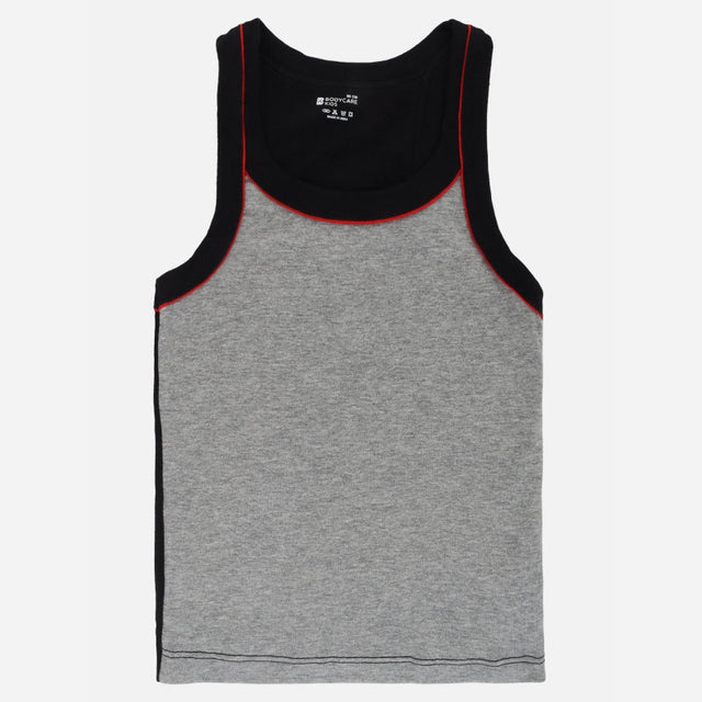Kids grey sleeveless innerwear vest with black border and red stitching, soft cotton tank top