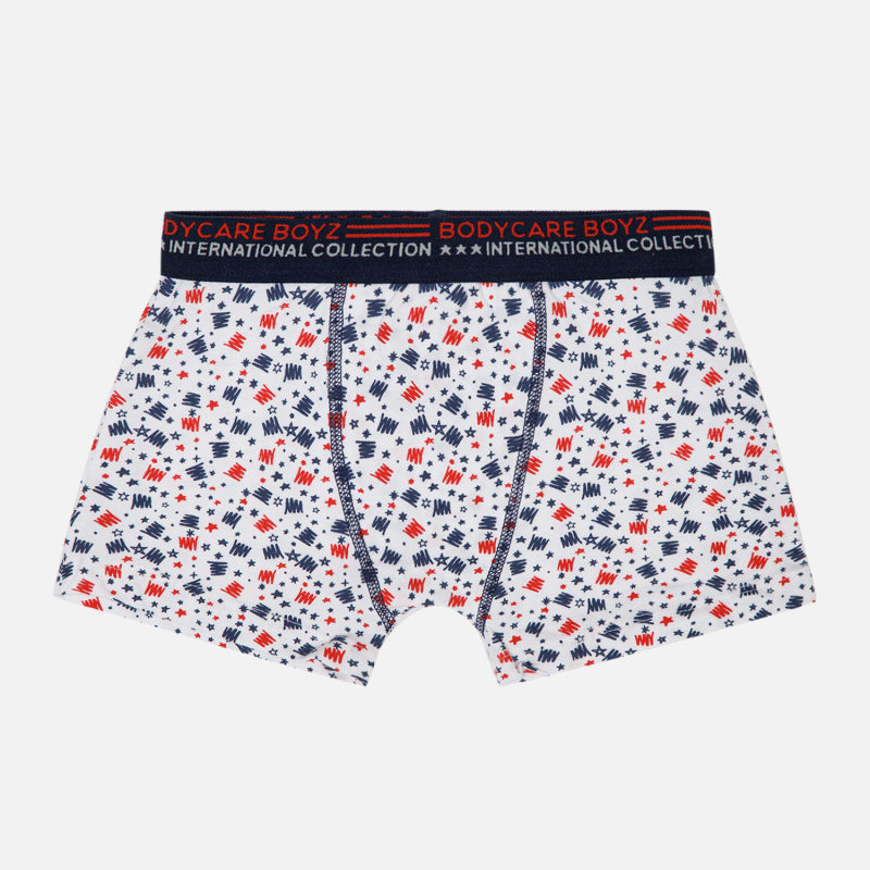 Boys printed boxer briefs with red and blue abstract pattern and logo waistband