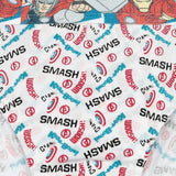 Kids innerwear fabric with comic book Avengers graphics and superhero action words like SMASH, WOOSH, KRA-BOOM.