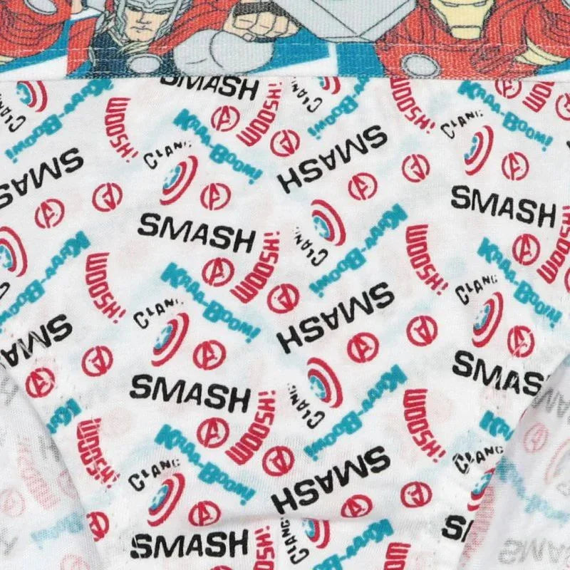Kids innerwear fabric with comic book Avengers graphics and superhero action words like SMASH, WOOSH, KRA-BOOM.