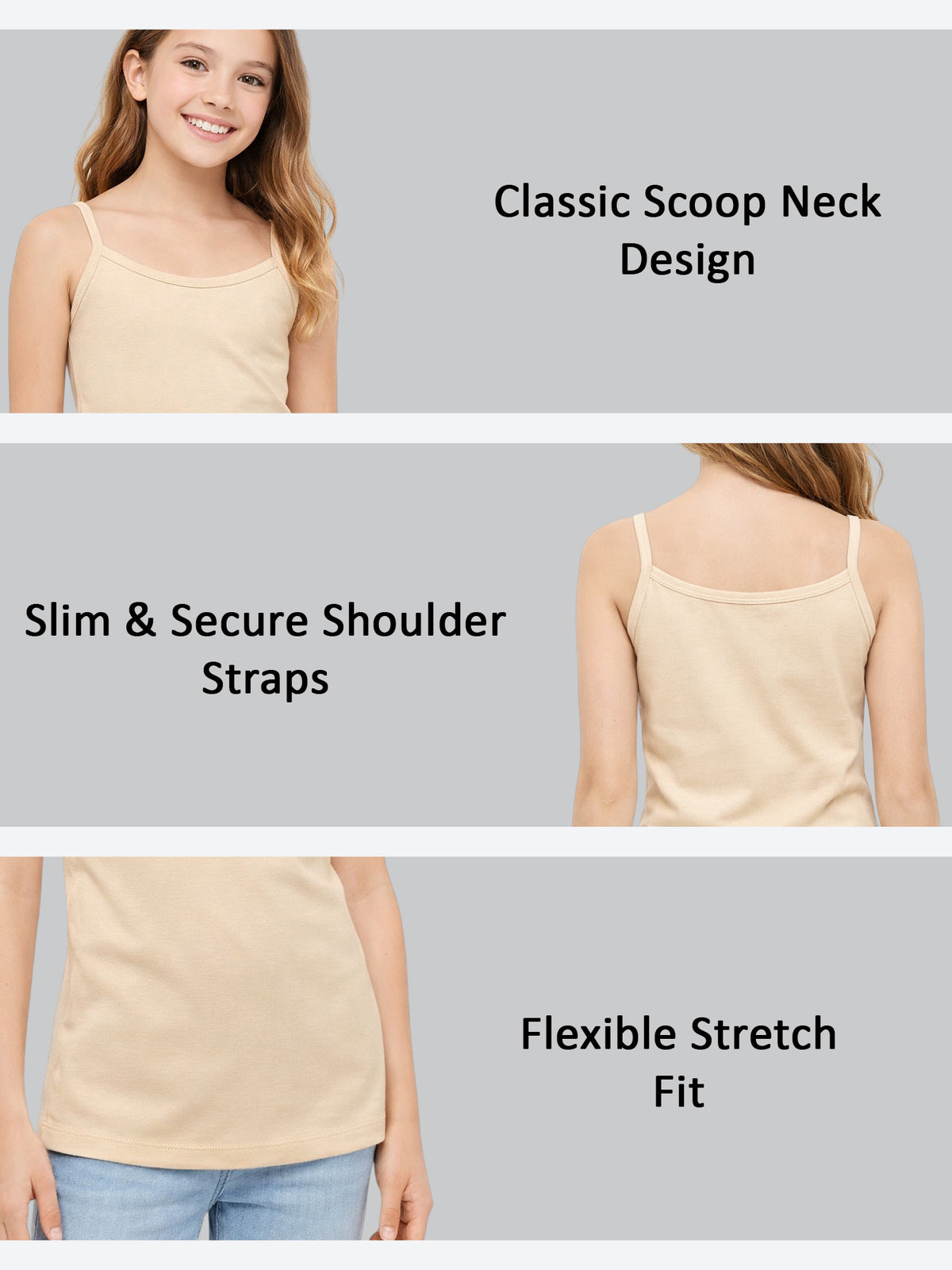Girls Plain Vest 100% Cotton Sleeveless Innerwear Camisole and U-Neck Styling for Lightweight Comfort - Pack of 3