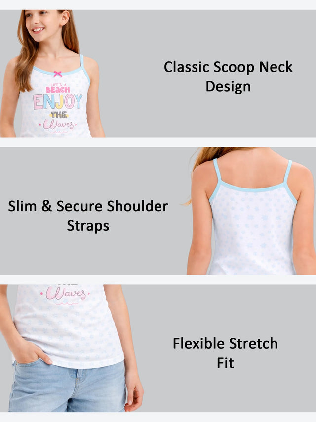Girl wearing sleeveless camisole with scoop neck, slogan print, and slim shoulder straps.