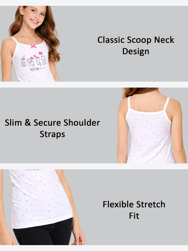 Girls' sleeveless camisole with cute kitten print, scoop neck, slim straps, and stretch fit