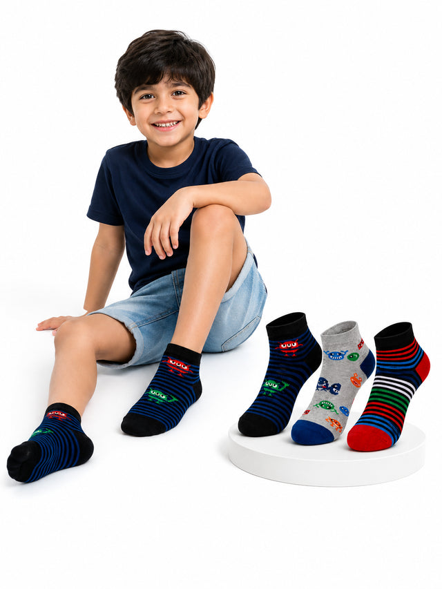 Boys Antibacterial Super Soft Socks for Everyday Comfort, Regular Wear and Casual Wardrobe Use - Pack of 3
