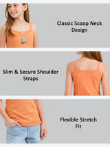 Girl wearing orange sleeveless camisole with cartoon print, scoop neck, slim straps, stretch fit.