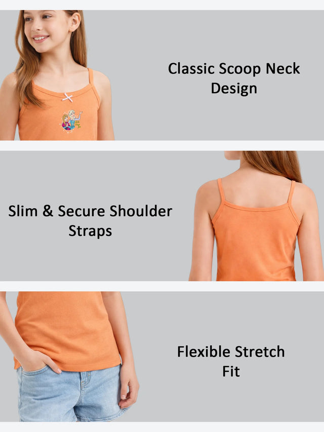Girl wearing orange sleeveless camisole with cartoon print, scoop neck, slim straps, stretch fit.