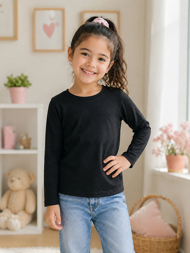 Girls Solid Cotton Round Neck Full Sleeve T-Shirt with Regular Fit for Casual Wear and Everyday Comfort - Pack of 1