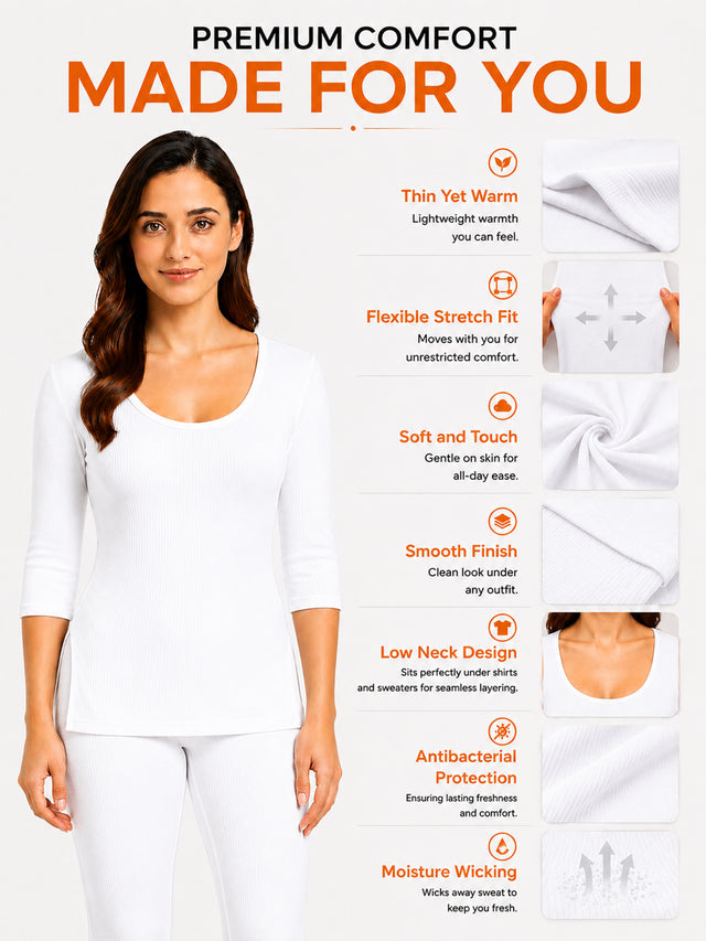 Women Antibacterial Round Neck Thermal Top with Full Sleeves for Cold-Weather Layering and Winter Innerwear Comfort