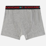 Grey boys' boxer brief with black elastic waistband and red BODYCARE text, kids innerwear.