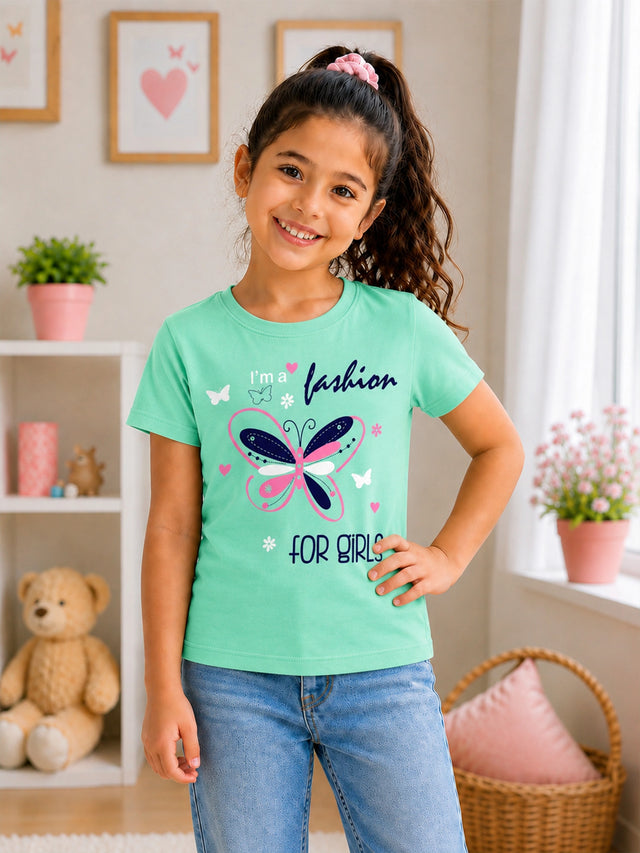 Girls 100% Cotton Typographic Printed Round Neck Half Sleeve T-Shirt for Everyday Casual Wear and Regular Wardrobe Use