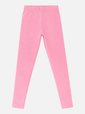 Pink kids leggings with elastic waistband, soft cotton, comfortable fit, front view