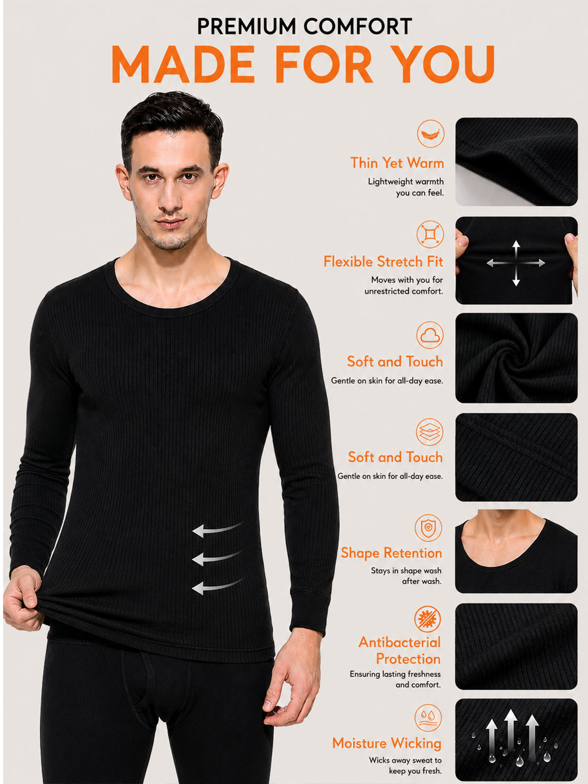 Men Antibacterial Thermal Top with Crew Neck and Full Sleeves for Winter Base Layering and Cold-Weather Comfort - Pack of 1