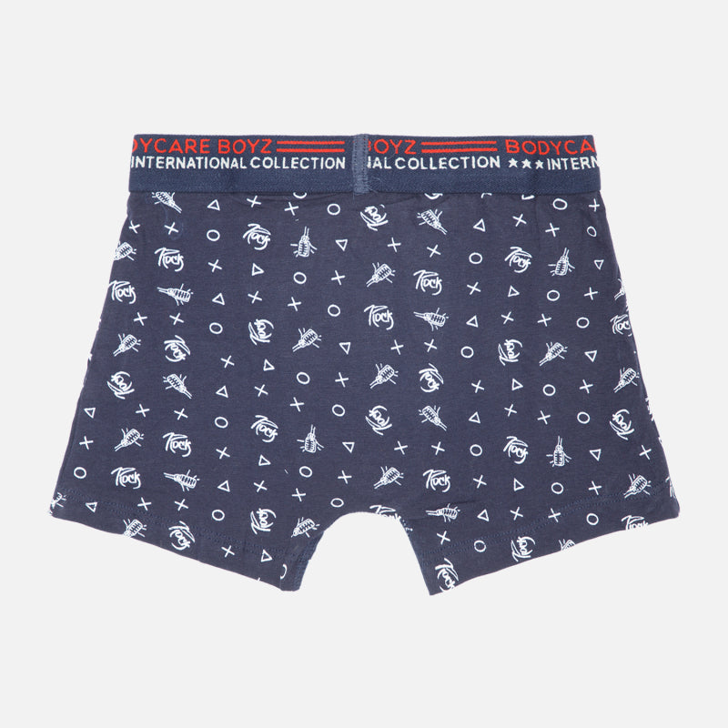 Navy blue boys' boxer shorts with white graphic print and elastic waistband