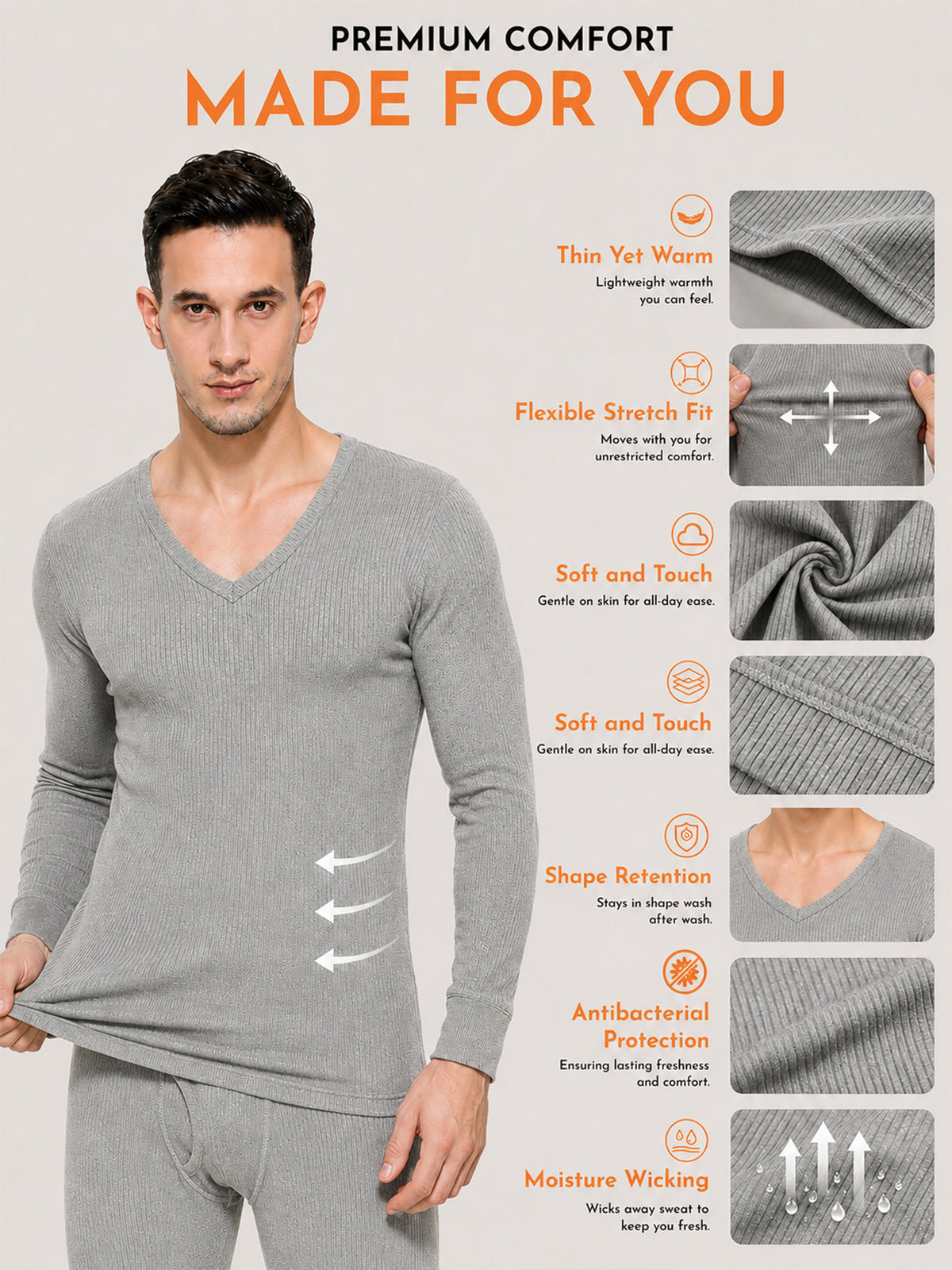 Men Antibacterial Thermal Top with V Neck and Full Sleeves for Winter Base Layering and Cold-Weather Comfort Essentials