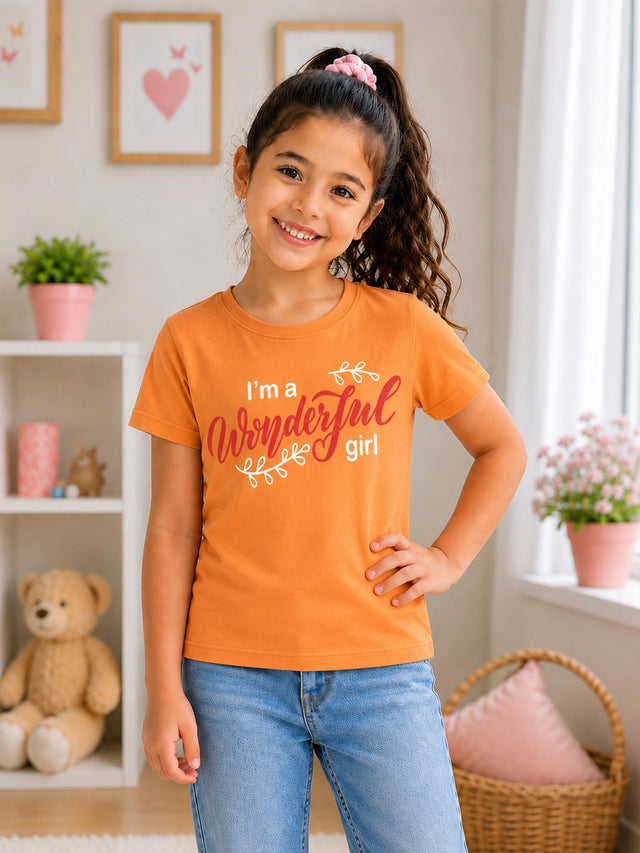 Girls 100% Cotton Typographic Printed Round Neck Half Sleeve T-Shirt for Everyday Casual Wear and Regular Wardrobe Use
