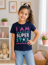 Girls Cotton Typographic Printed T-Shirt Round Neck Half Sleeves Casual Wear Top for School, Play and Weekend Outfits