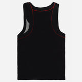 Black kids tank top with red stitching, sleeveless innerwear, back view