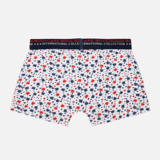 Boys' printed boxer briefs with red and navy fun patterns and logo elastic waistband