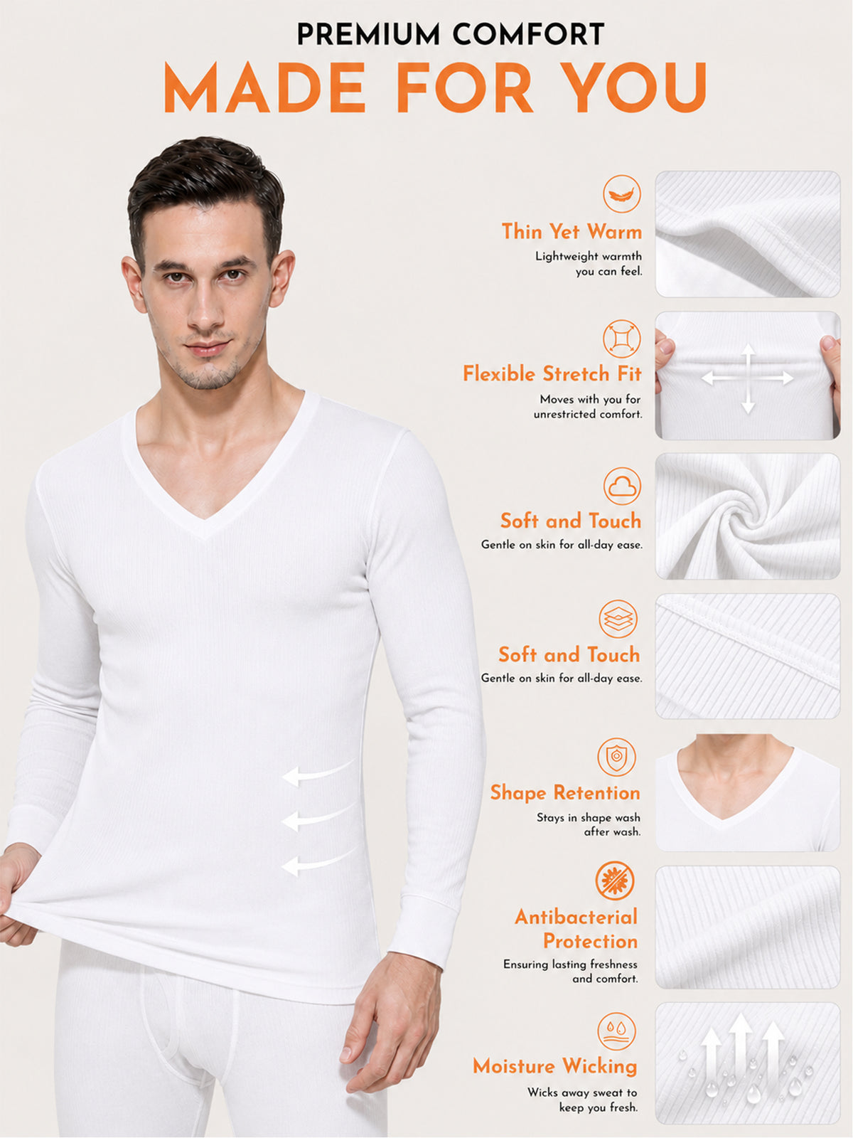 Men Antibacterial Thermal Top with V Neck and Full Sleeves for Winter Base Layering and Cold-Weather Comfort Essentials