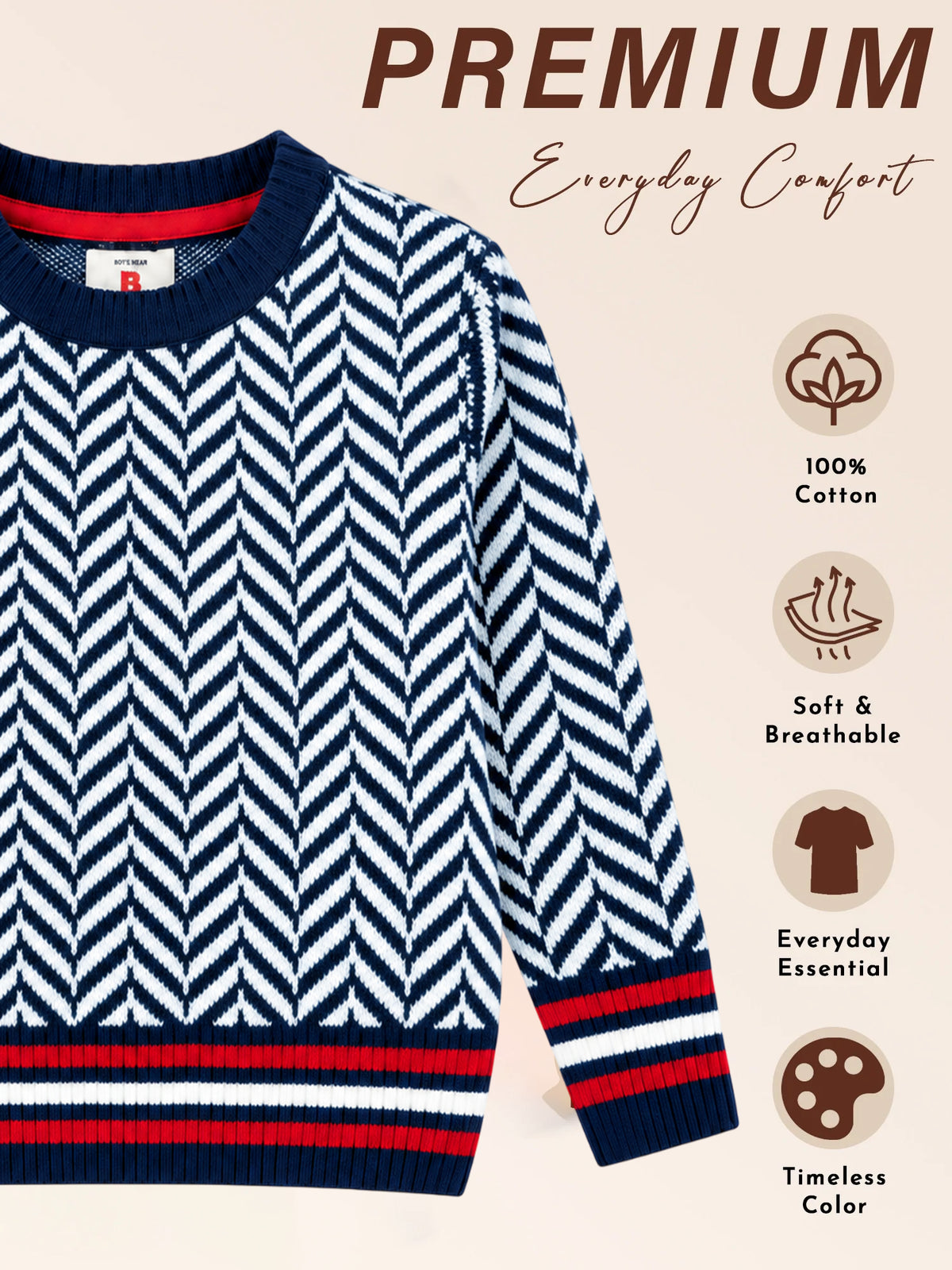 Boys Polyester Blend Round Neck Full Sleeves Sweater with Comfortable Winter Wear Styling and Regular Use