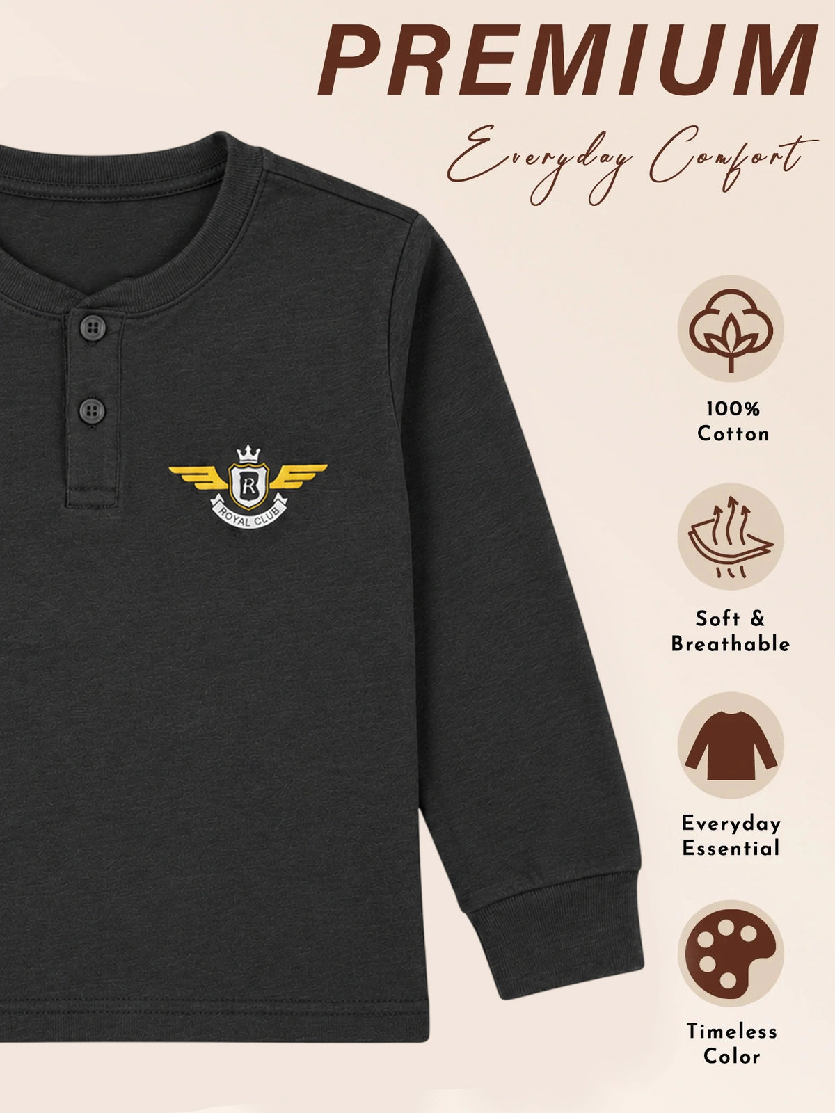 Boys Cotton Solid T-Shirt with Round Neck Full Sleeves for Casual Wear, Layering and Regular Wardrobe Use