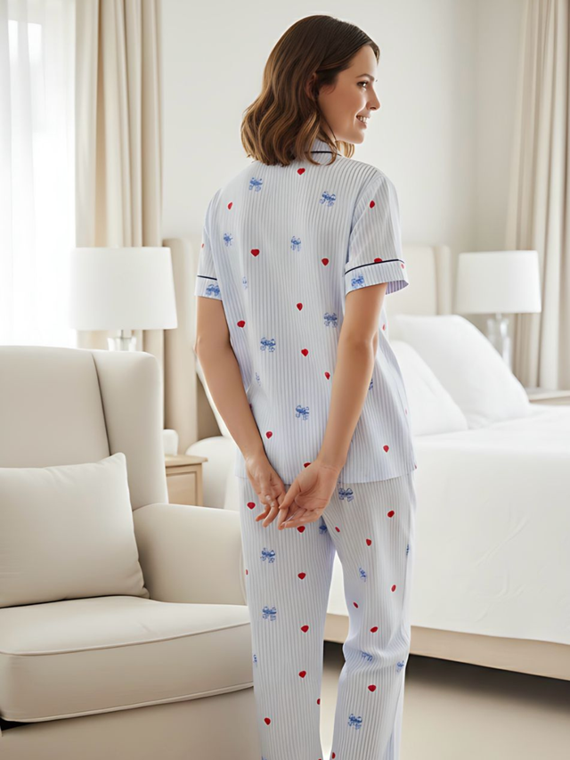Women Printed Cotton Spandex Night Suit Set with Soft Top and Pyjama for Sleepwear and Lounge Comfort