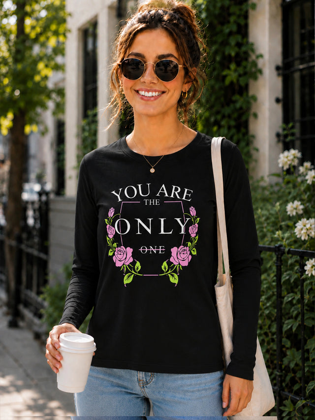Women Cotton T-Shirt Round Neck Full Sleeves with Regular Fit Graphic Printed Styling for Everyday Casual Wear