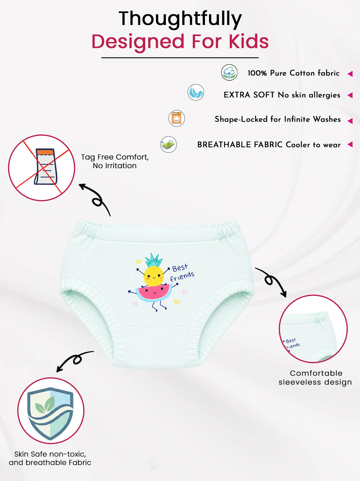 Baby Girls 100% Cotton Inner Elastic Panty with Soft Breathable Fabric for Everyday Innerwear - Pack of 3