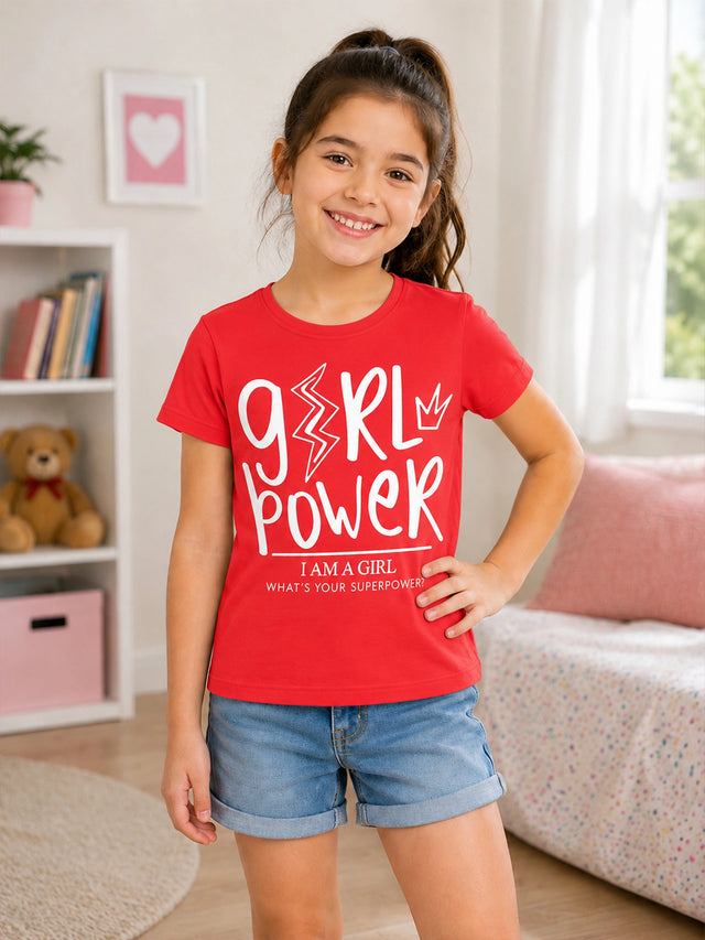 Girls 100% Cotton Typographic Printed Round Neck Half Sleeve T-Shirt for Everyday Casual Wear and Regular Wardrobe Use