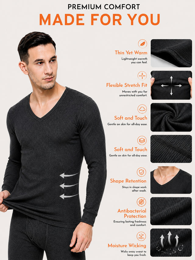 Men Thermal Top with V Neck Full Sleeves, Warm Innerwear Comfort and Clean Winter Essential Styling - Pack of 1