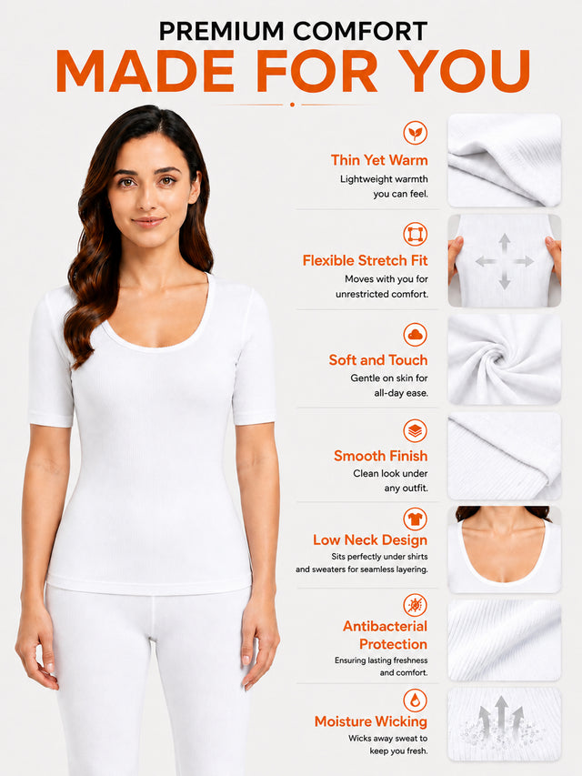 Women Antibacterial Thermal Top with Round Neck and Half Sleeves for Winter Layering and Cold-Weather Comfort - Pack of 1