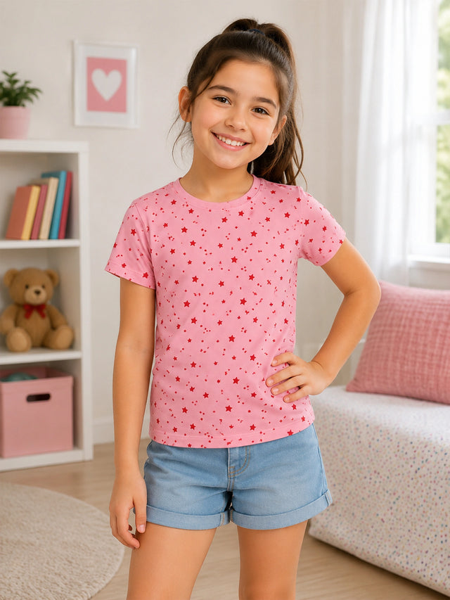 Girls 100% Cotton T-Shirt Round Neck Half Sleeves Pack of 2