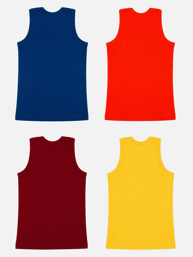Boys 100% Cotton Printed Round Neck Sleeveless Innerwear Vest for Everyday Comfort and Regular Use - Pack of 4