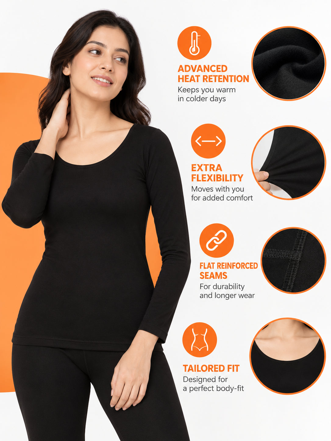 Women Thermal Top Round Neck Full Sleeves for Winter Layering, Comfortable Coverage and Cold Weather Essentials - Pack of 1