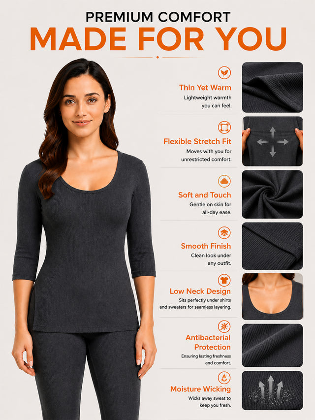 Women Antibacterial Round Neck Thermal Top with Full Sleeves for Cold-Weather Layering and Winter Innerwear Comfort