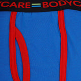Close-up of blue kids innerwear with red trim and black elastic waistband