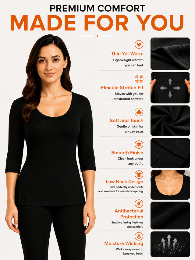 Women Antibacterial Round Neck Thermal Top with Full Sleeves for Cold-Weather Layering and Winter Innerwear Comfort